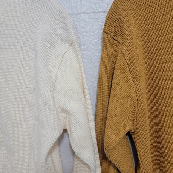 Longsleeve Thermal Tops Set of 2 VTG SunTee 2X Cotton Mustard Yellow Cream 564 - Picture 7 of 14